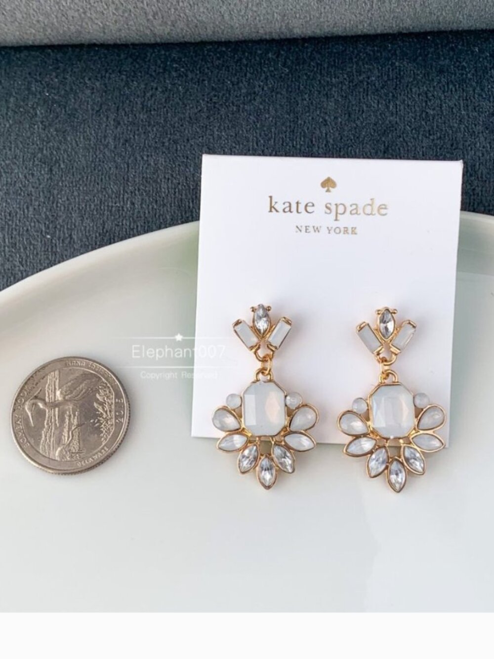 Kate Spade White Crystal Statement Drop Earrings Gold Tone Floral Cluster - Picture 2 of 3